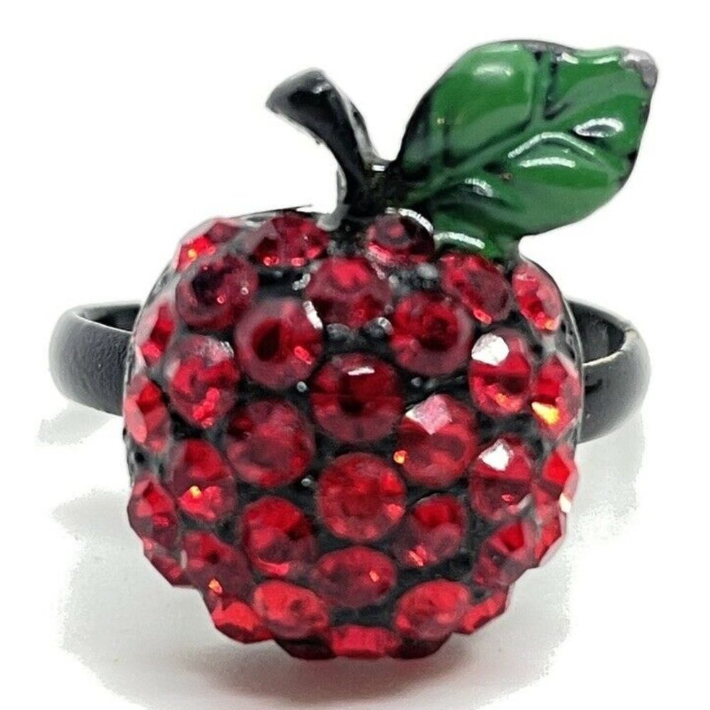 Black Enamel Rhinestone Cherry Adjustable Size Ring red rhinestone